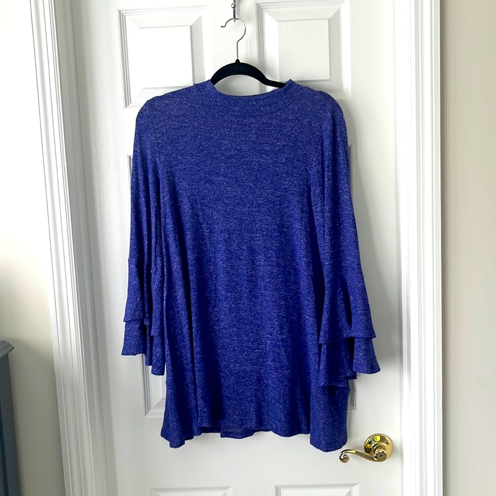 Periwinkle Mock Turtleneck Tunic with ruffled bell sleeves